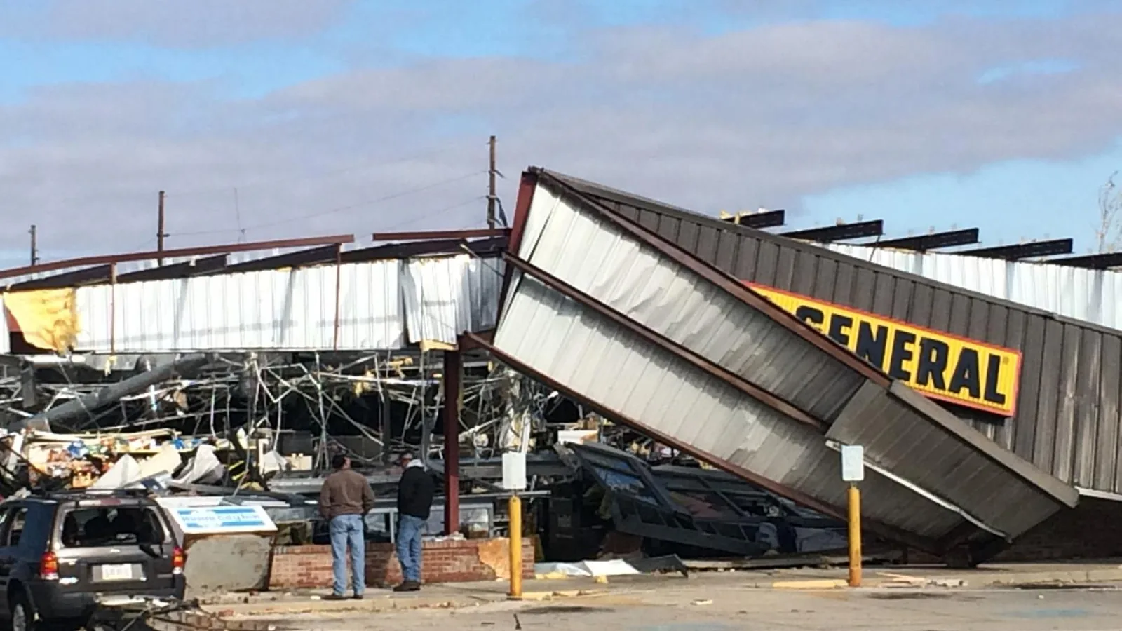 Commercial building and roof damage after a tornado
